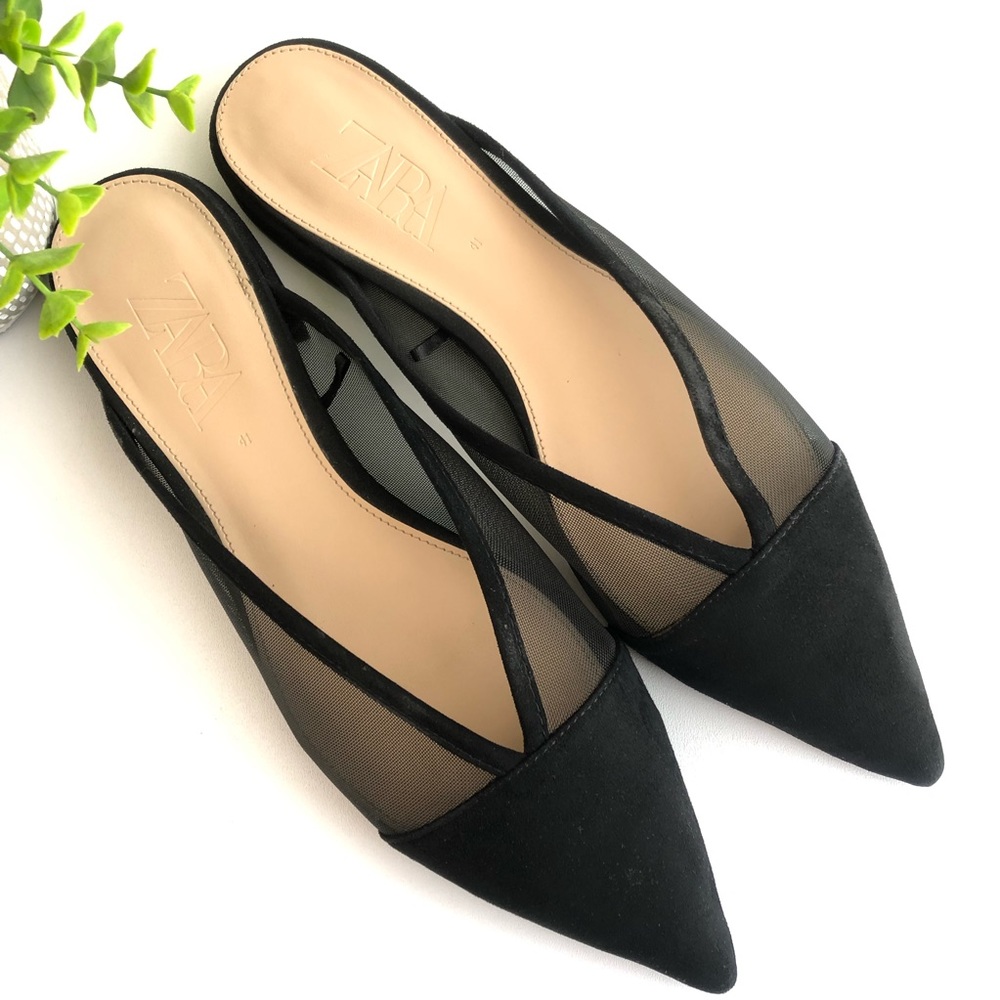 Zara Mesh Sheer Black Suede Pointed Toe Mules Size 41